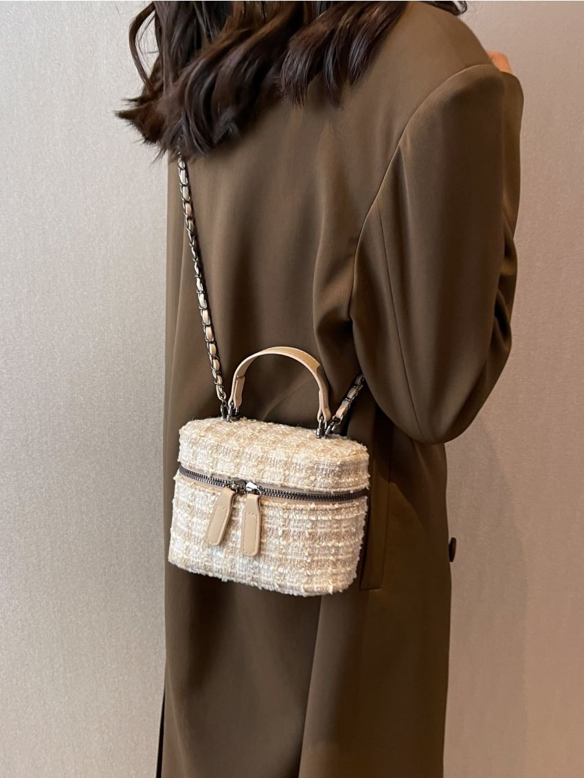 Mini Plaid Pattern Chain Tweed Bucket Bag