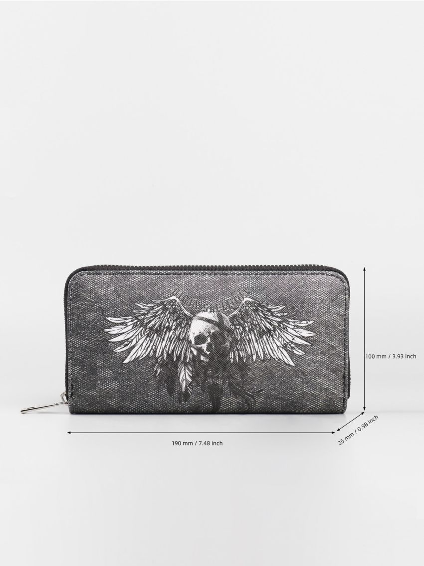 Grunge Punk Wing & Skull Pattern Long Wallet