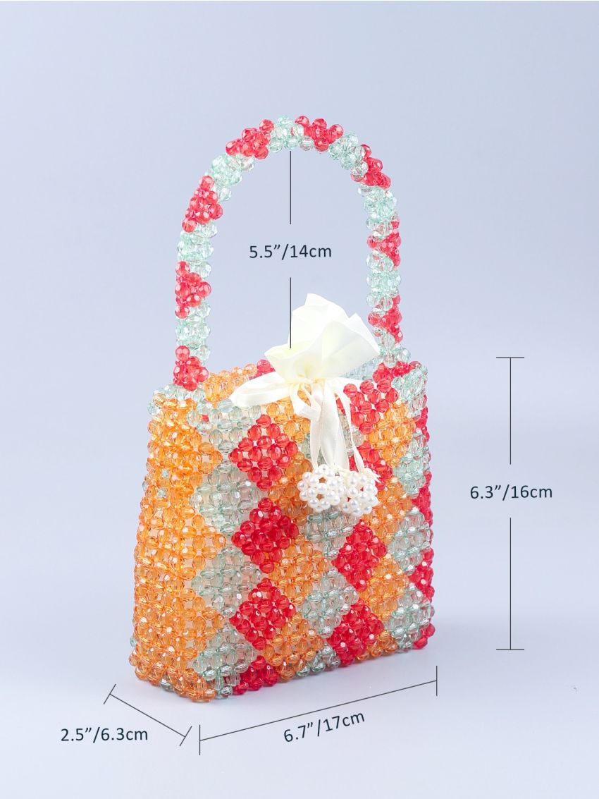 Mini Color Block Drawstring Design Beaded Satchel Bag