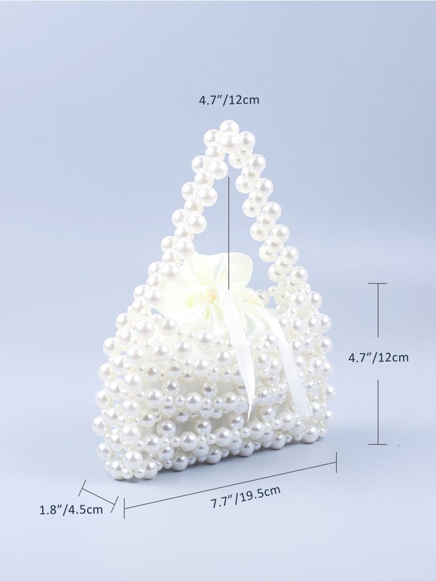 Mini Drawstring Design Faux Pearl Beaded Satchel Bag