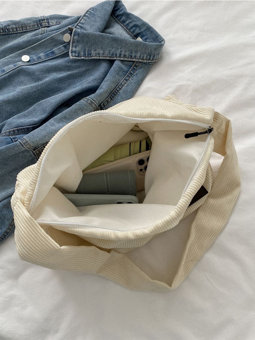Corduroy Patch Detail Hobo Bag
