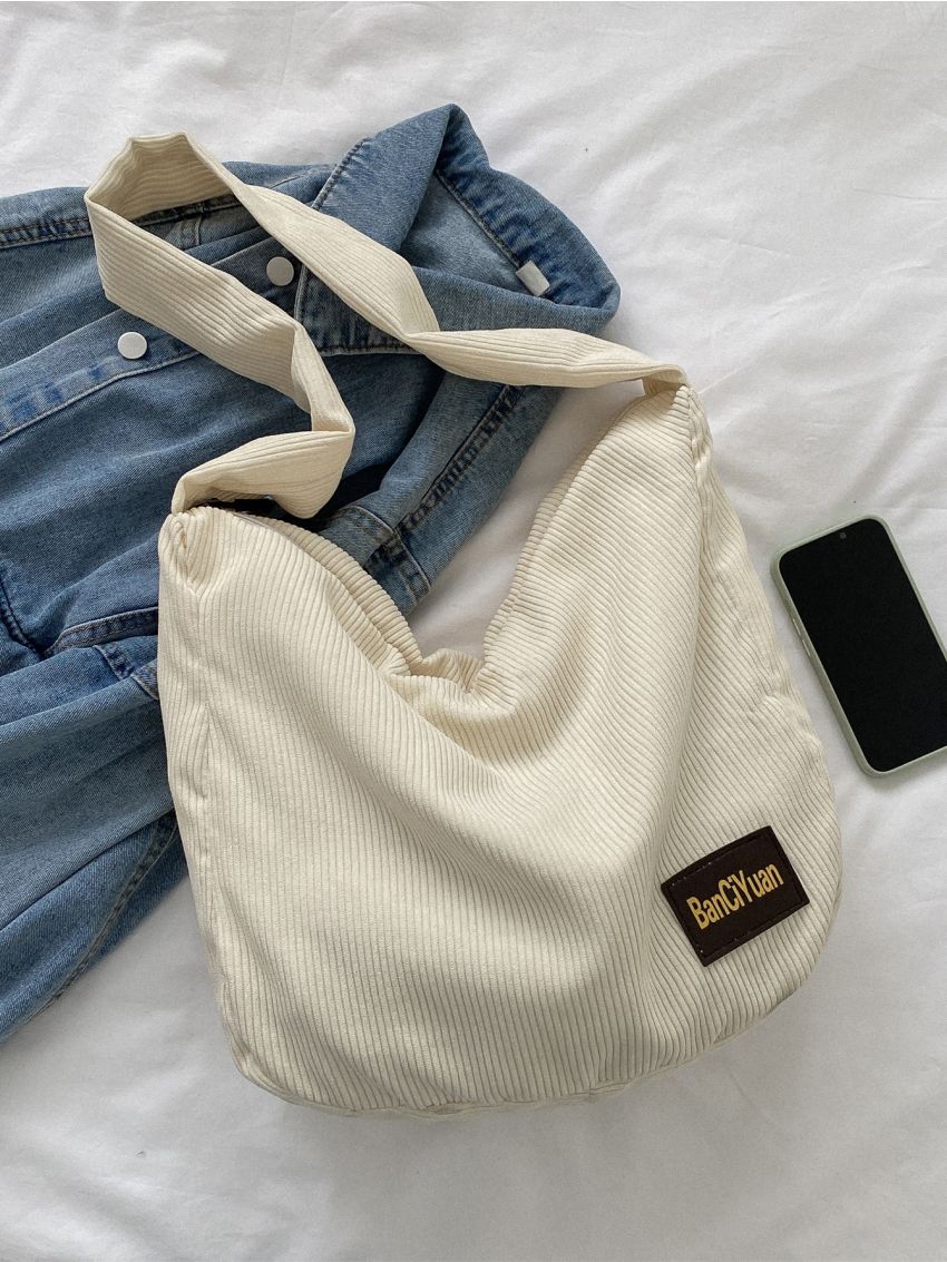 Corduroy Patch Detail Hobo Bag