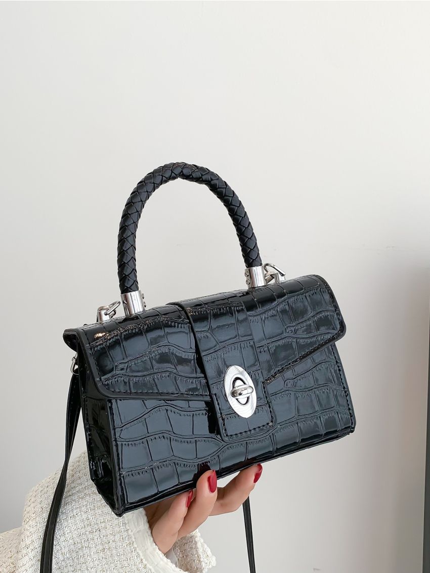 Mini Crocodile Embossed Weave Detail Flap Square Bag