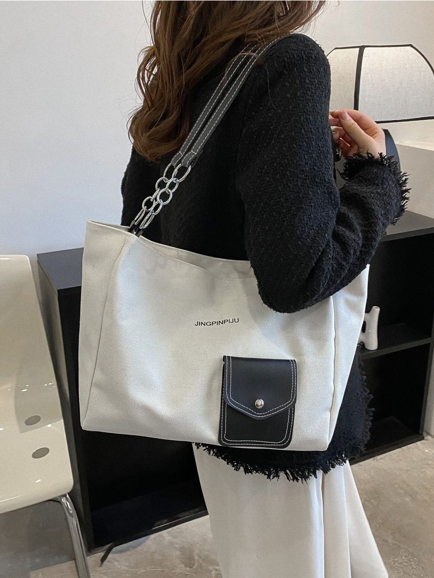 Letter Graphic Chain Decor Shoulder Tote Bag