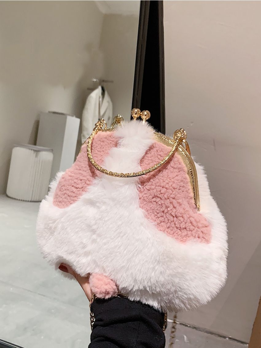 Two Tone Kiss Lock Fuzzy Chain Novelty Bag