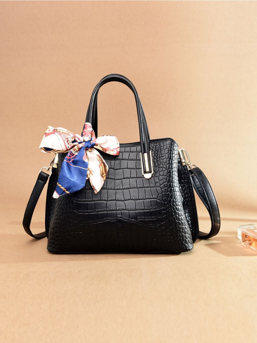 Crocodile Embossed Twilly Scarf Decor Top Handle Bag