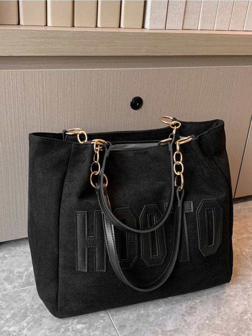 Letter Patch Detail Chain Shoulder Tote Bag