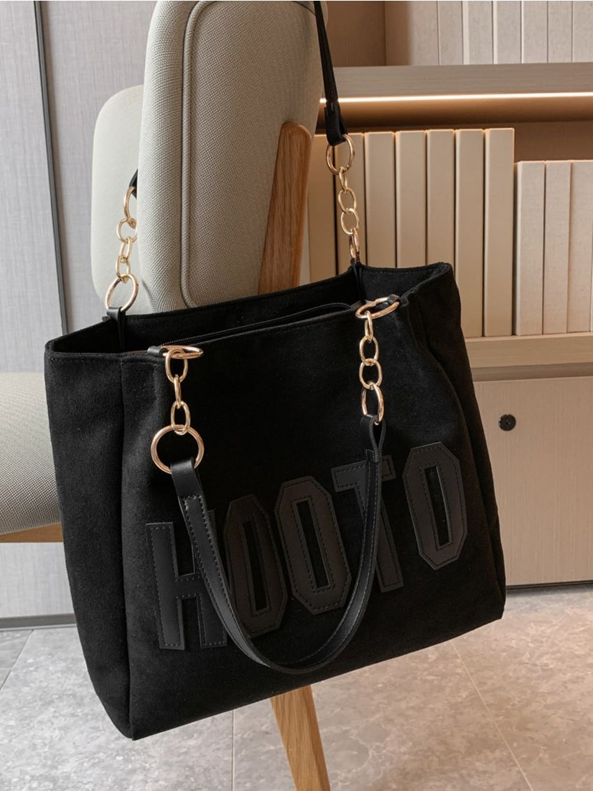 Letter Patch Detail Chain Shoulder Tote Bag