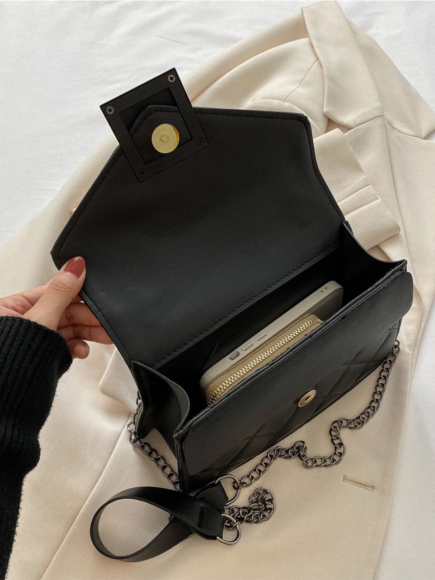 Quilted Detail Metal Decor Chain Flap Square Bag