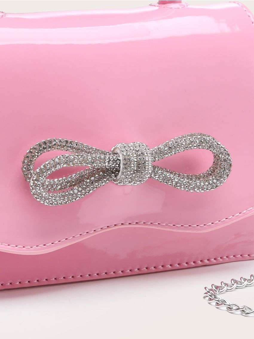 Mini Rhinestone & Bow Decor Flap Artificial Patent Leather Square Bag
