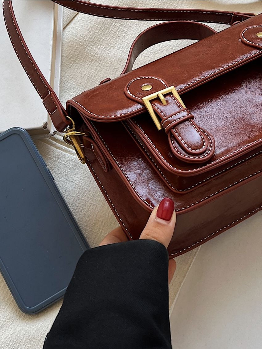 Buckle & Studded Decor Flap Square Bag