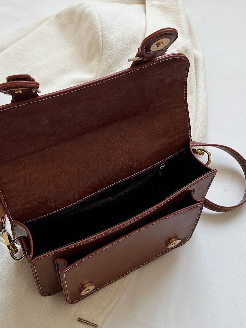 Buckle & Studded Decor Flap Square Bag