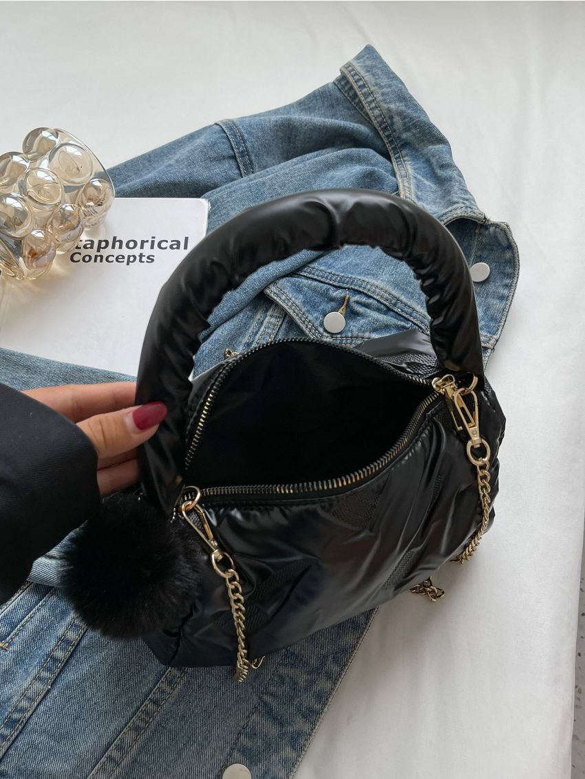 Chain & Pom Pom Decor Hobo Bag