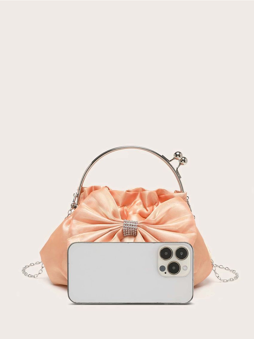 Bow & Rhinestone Decor Chain Ruched Bag