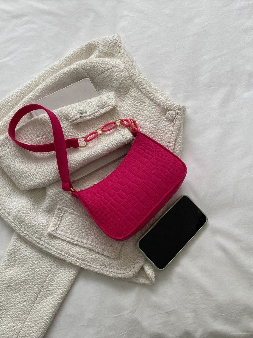 Mini Neon Pink Chain Baguette Bag