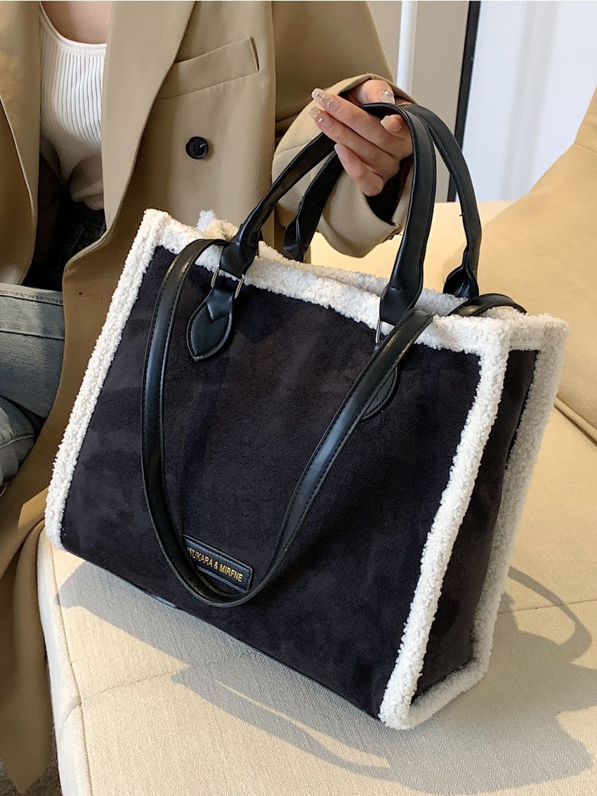 Contrast Fluffy Patch Detail Top Handle Bag