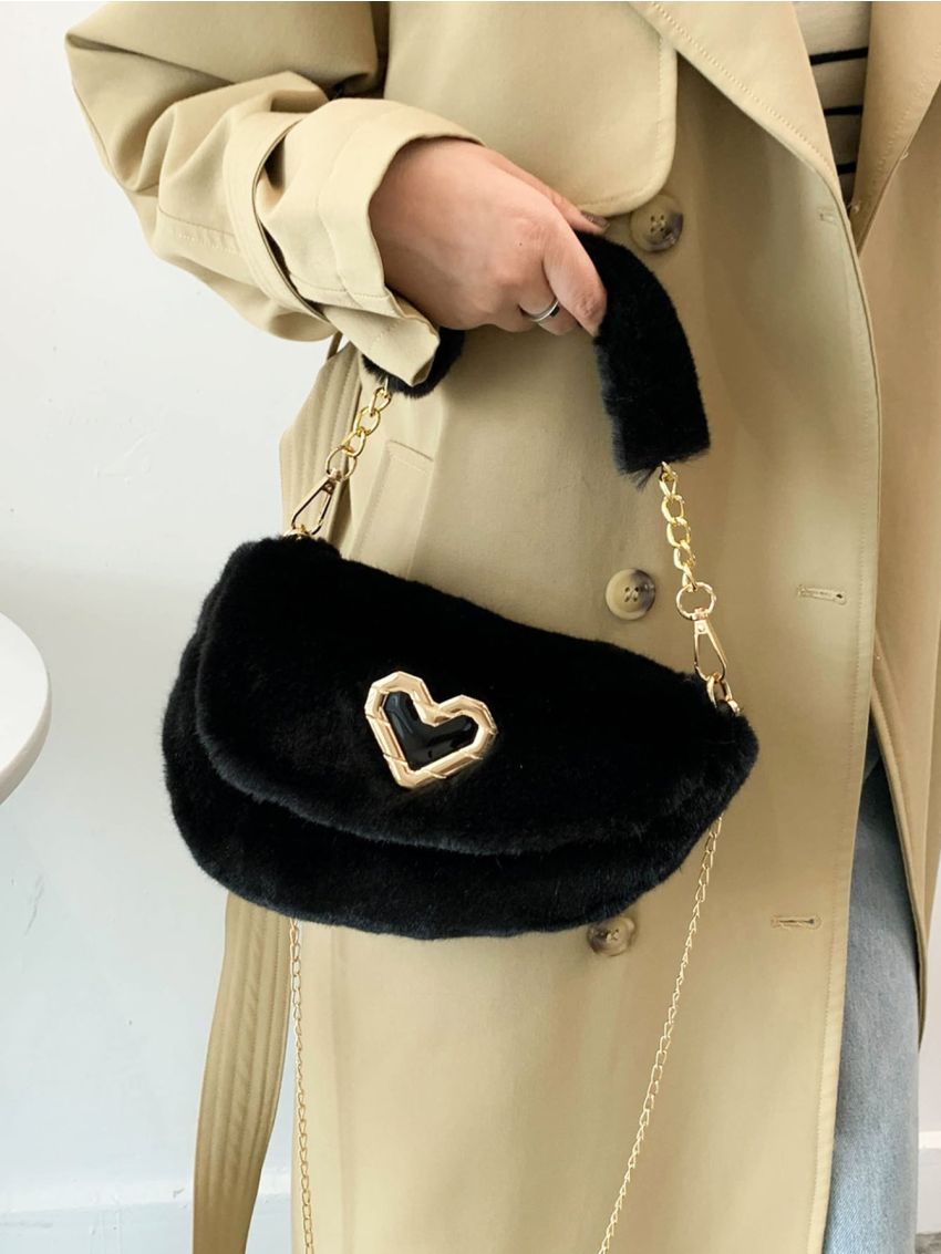 Heart Decor Flap Chain Fuzzy Saddle Bag