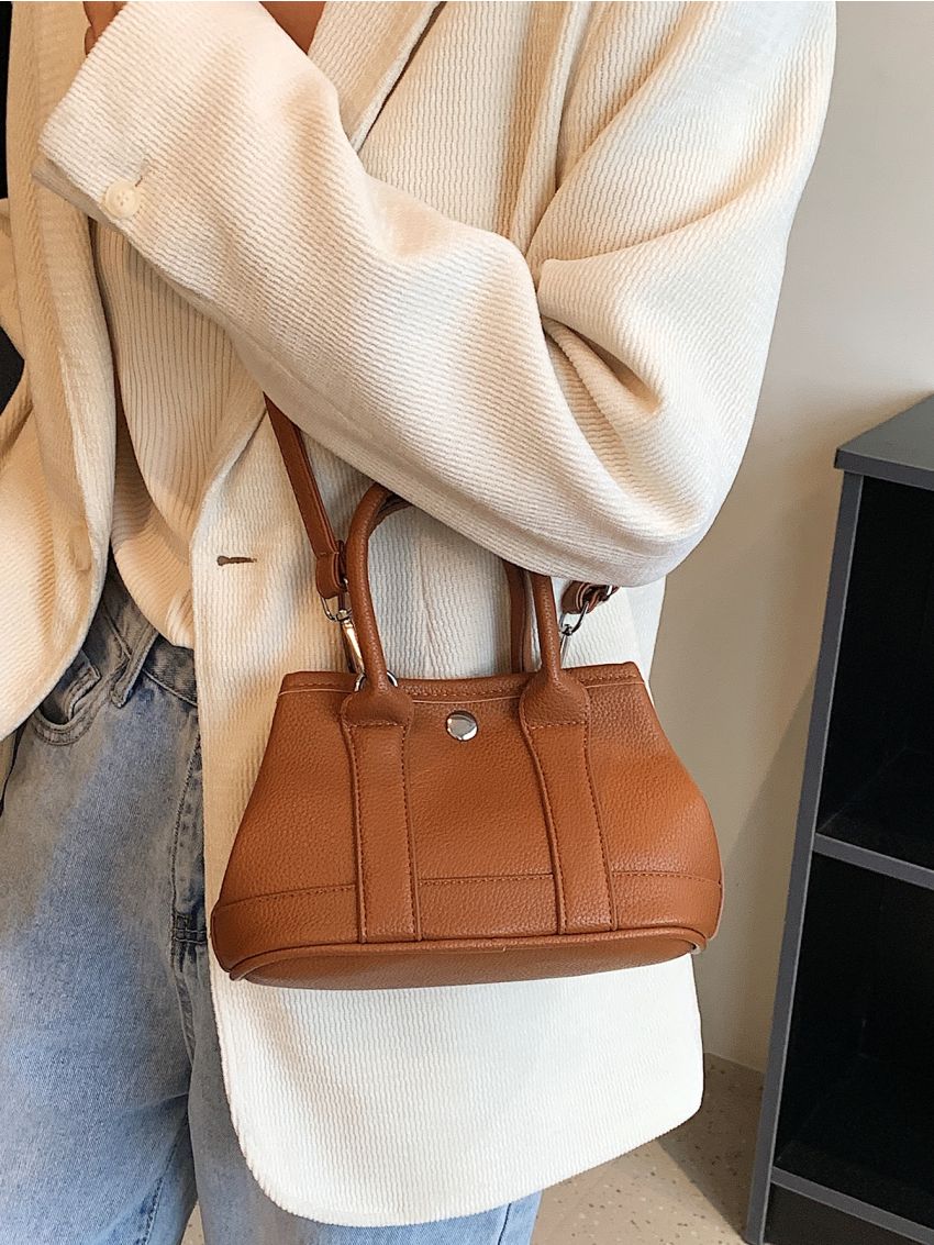 Litchi Embossed Snap Button Satchel Bag