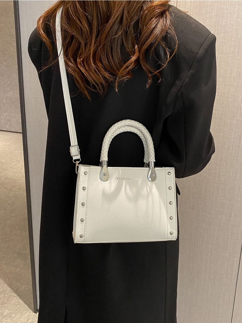 Letter Graphic Studded Decor Double Handle Square Bag