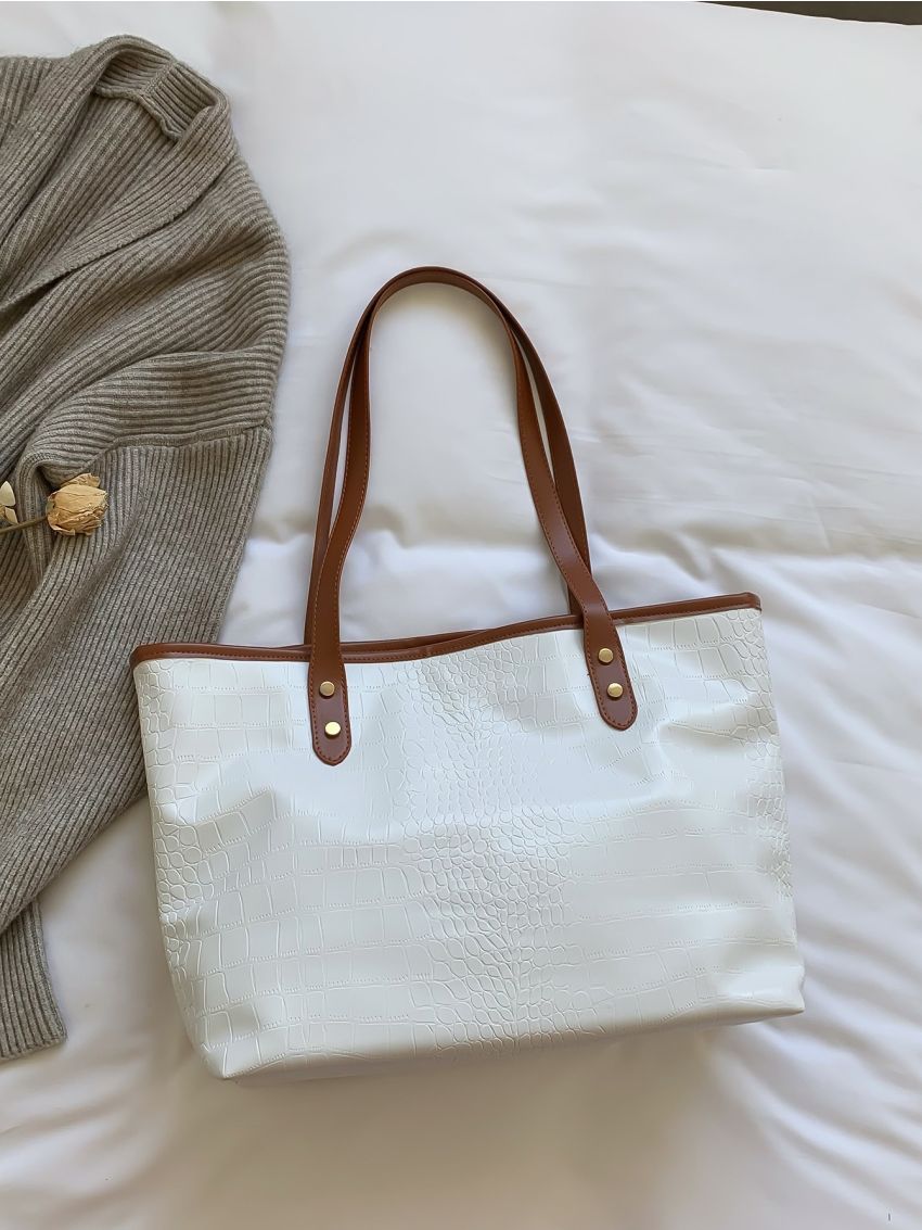 Crocodile Embossed Contrast Binding Shoulder Tote Bag