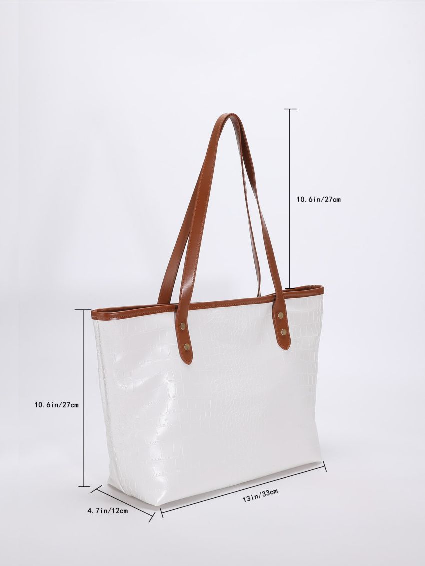 Crocodile Embossed Contrast Binding Shoulder Tote Bag