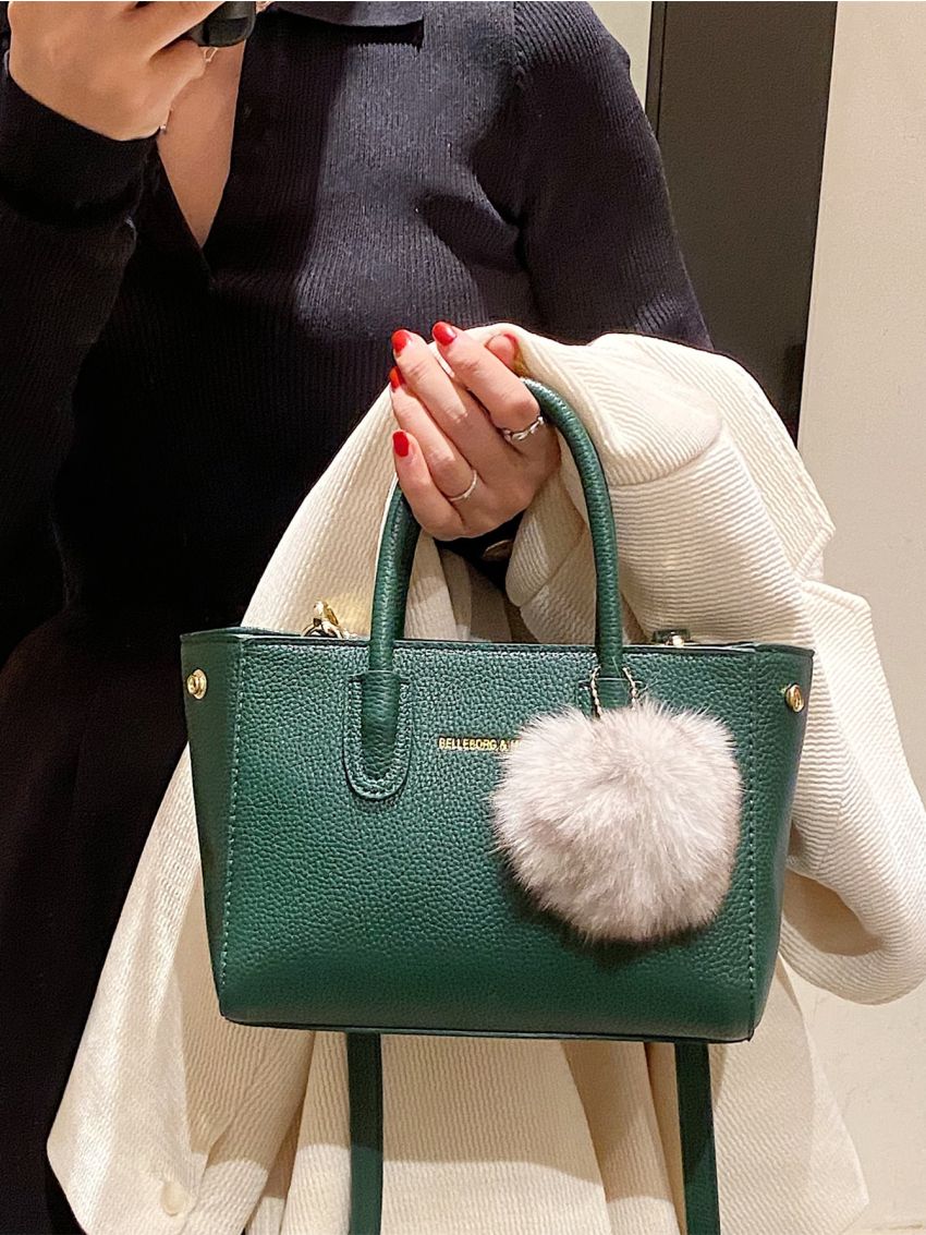 Litchi Embossed Letter Detail Pom Pom Decor Square Bag