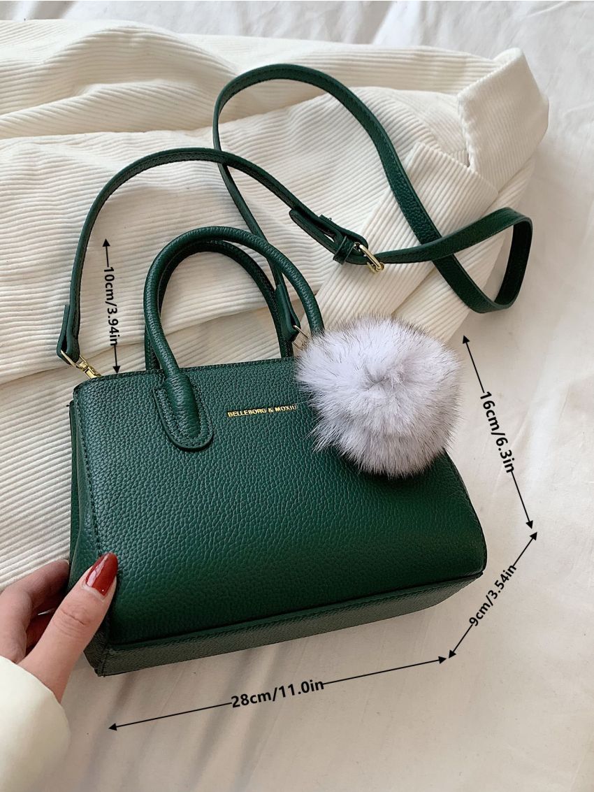 Litchi Embossed Letter Detail Pom Pom Decor Square Bag