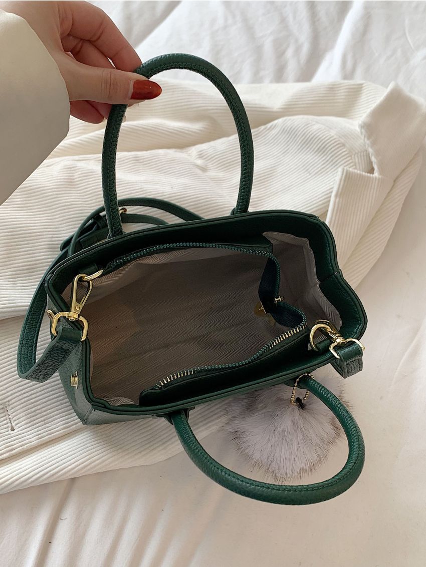 Litchi Embossed Letter Detail Pom Pom Decor Square Bag