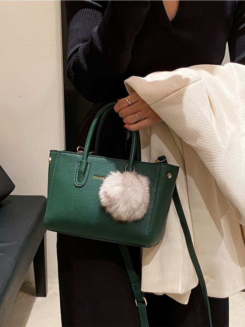 Litchi Embossed Letter Detail Pom Pom Decor Square Bag