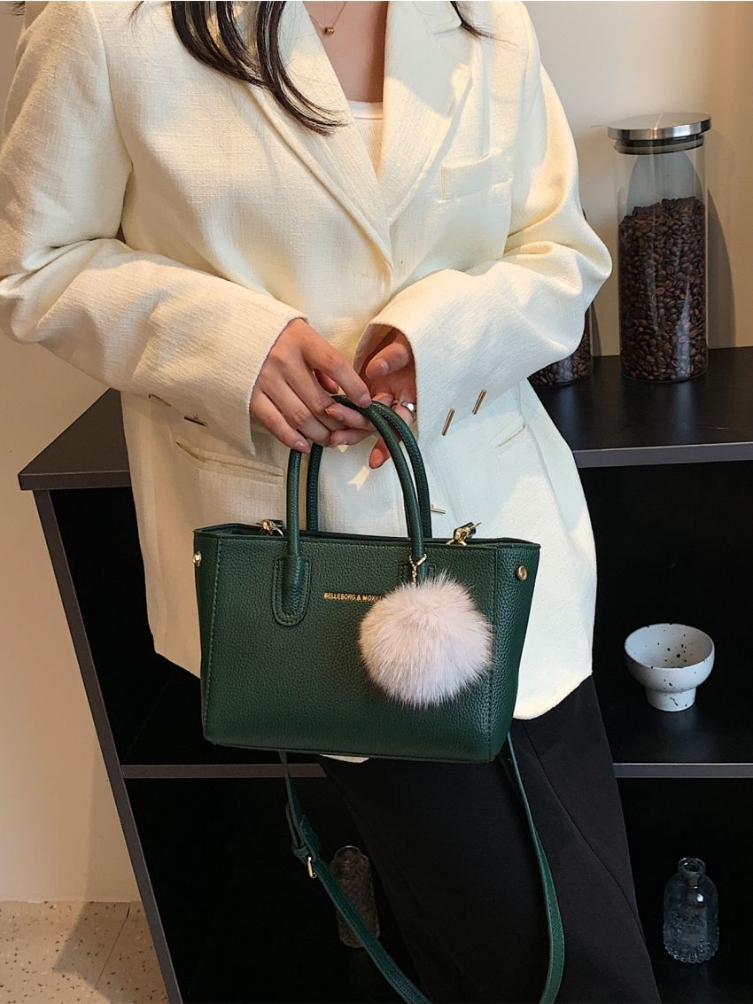 Litchi Embossed Letter Detail Pom Pom Decor Square Bag