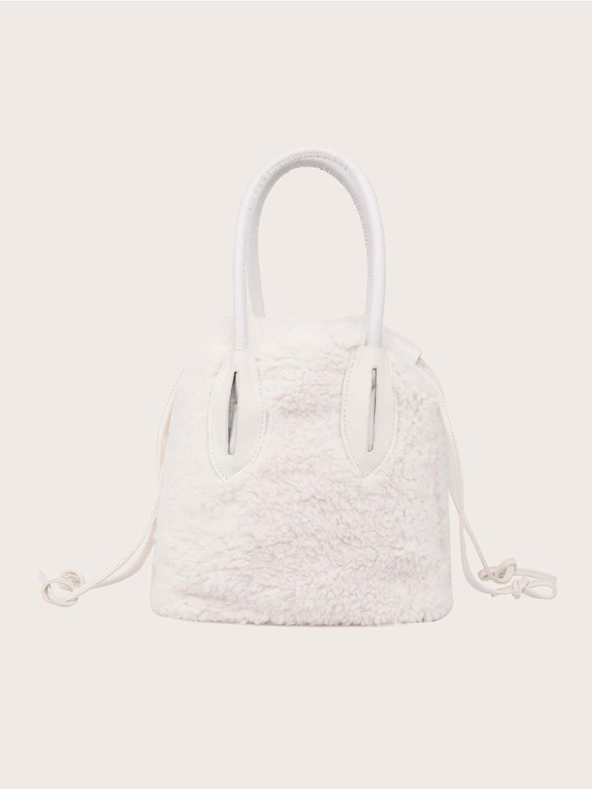 Drawstring Design Double Handle Fuzzy Satchel Bag