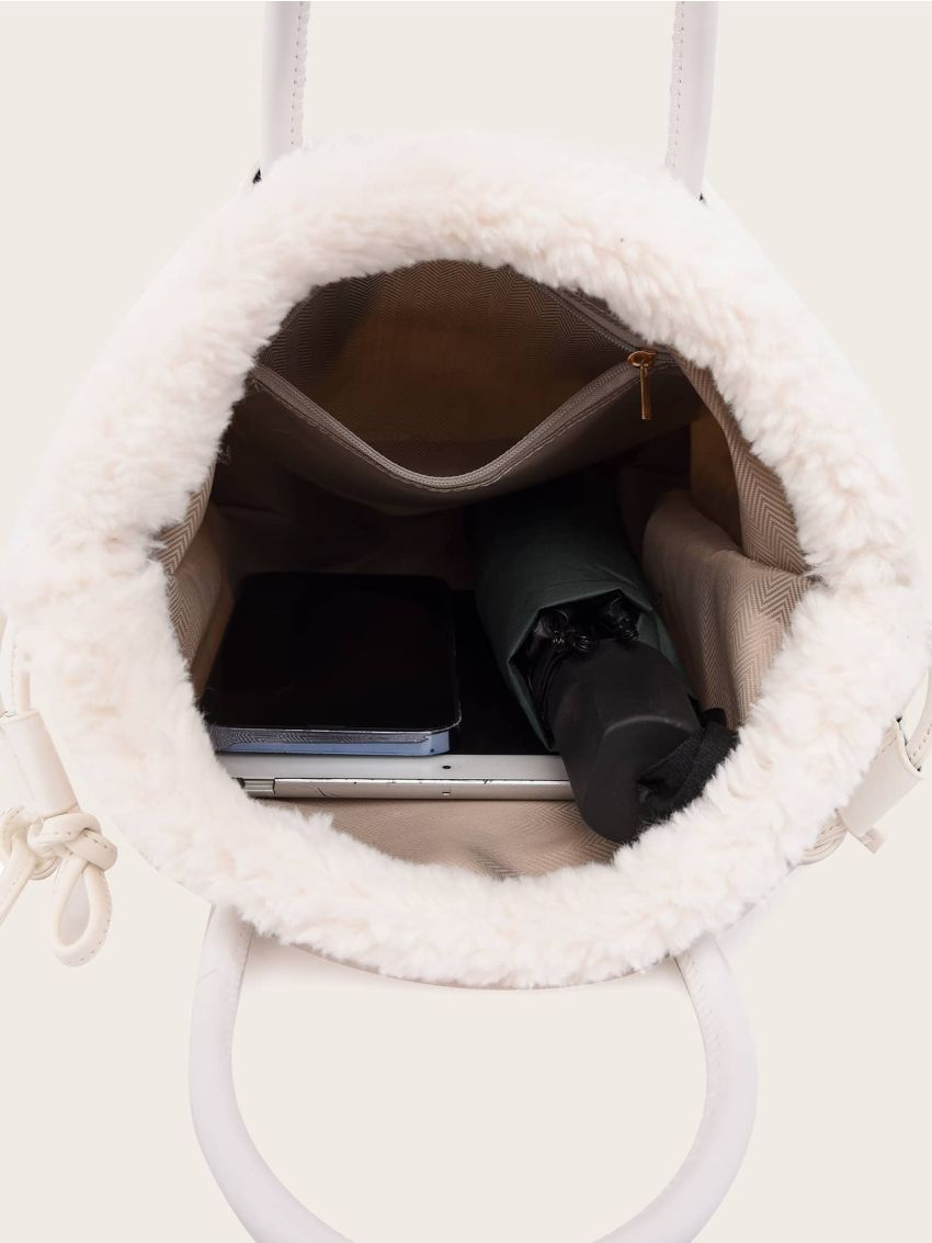 Drawstring Design Double Handle Fuzzy Satchel Bag