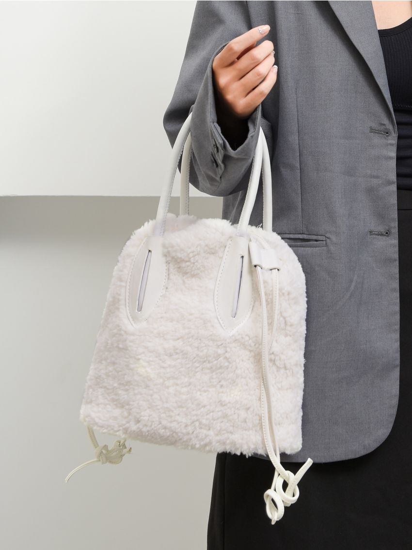 Drawstring Design Double Handle Fuzzy Satchel Bag