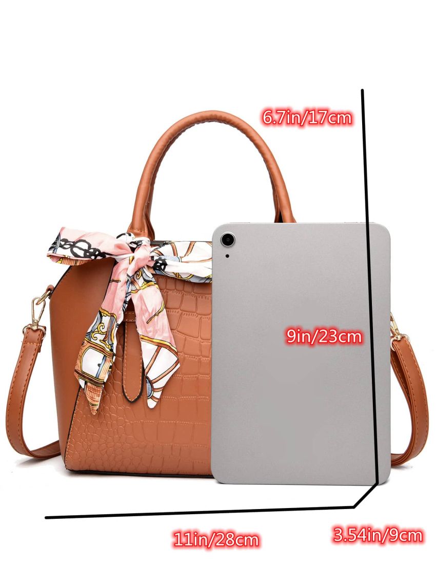 3pcs Crocodile Embossed Twilly Scarf Decor Tote Bag Set