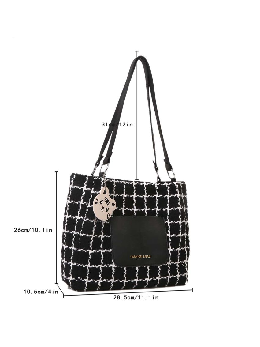 Plaid Pattern Square Bag With Bag Charm