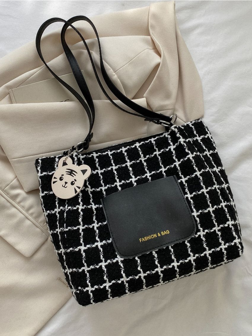 Plaid Pattern Square Bag With Bag Charm