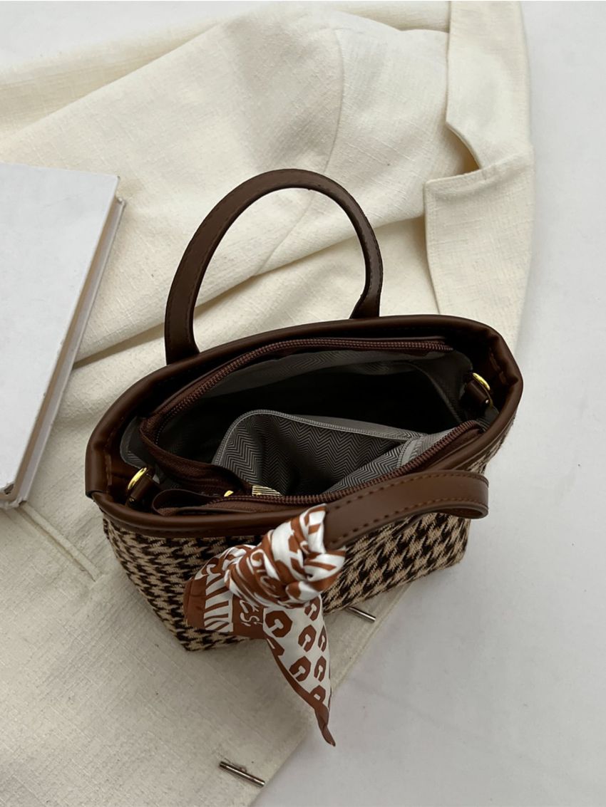 Houndstooth Pattern Twilly Scarf Decor Bucket Bag
