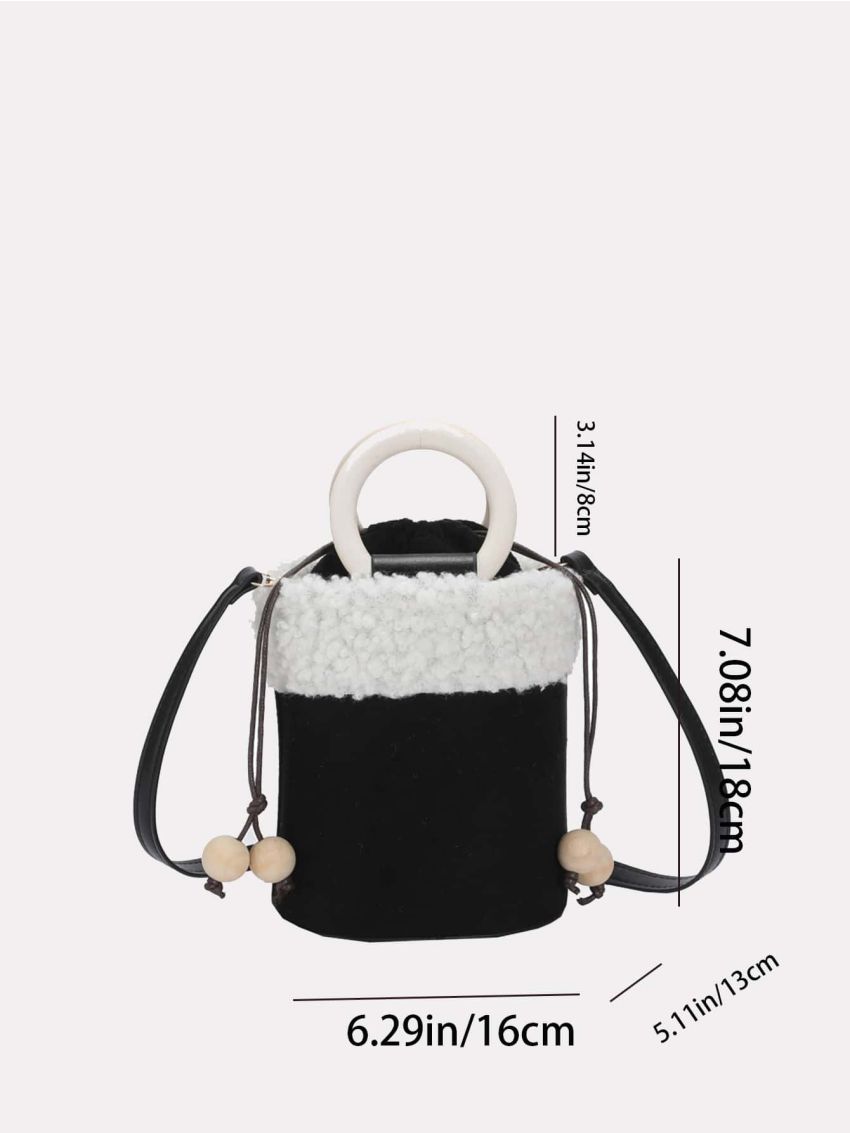 Mini Bead Decor Fuzzy Panel Drawstring Design Bucket Bag