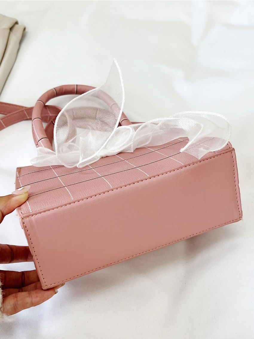 Mini Plaid Pattern Bow Decor Square Bag