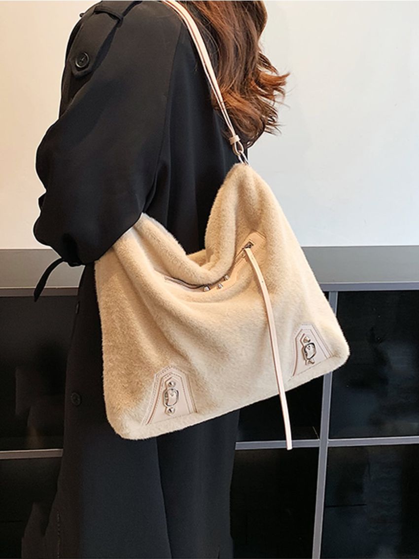 Letter Graphic Fluffy Hobo Bag