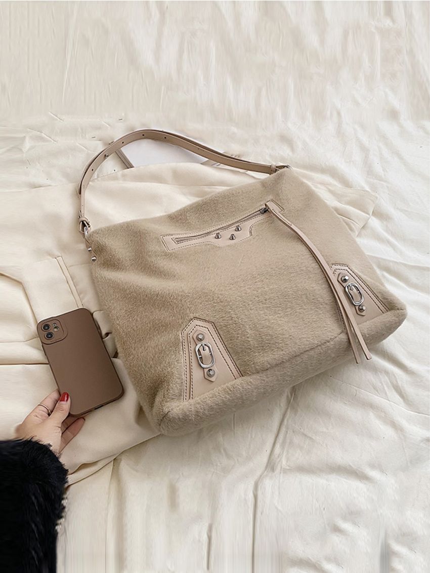 Letter Graphic Fluffy Hobo Bag