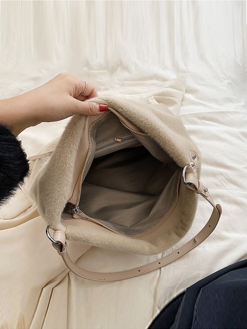 Letter Graphic Fluffy Hobo Bag