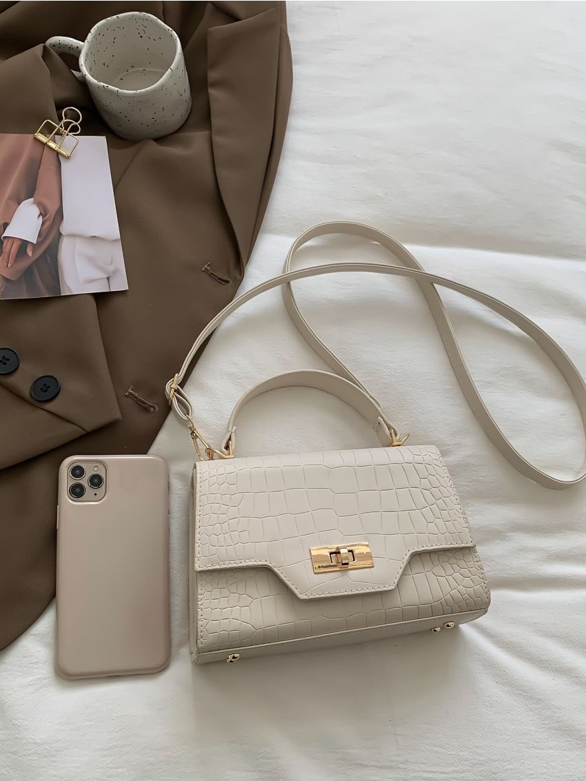 Crocodile Embossed Square Bag Turn Lock Flap For Work