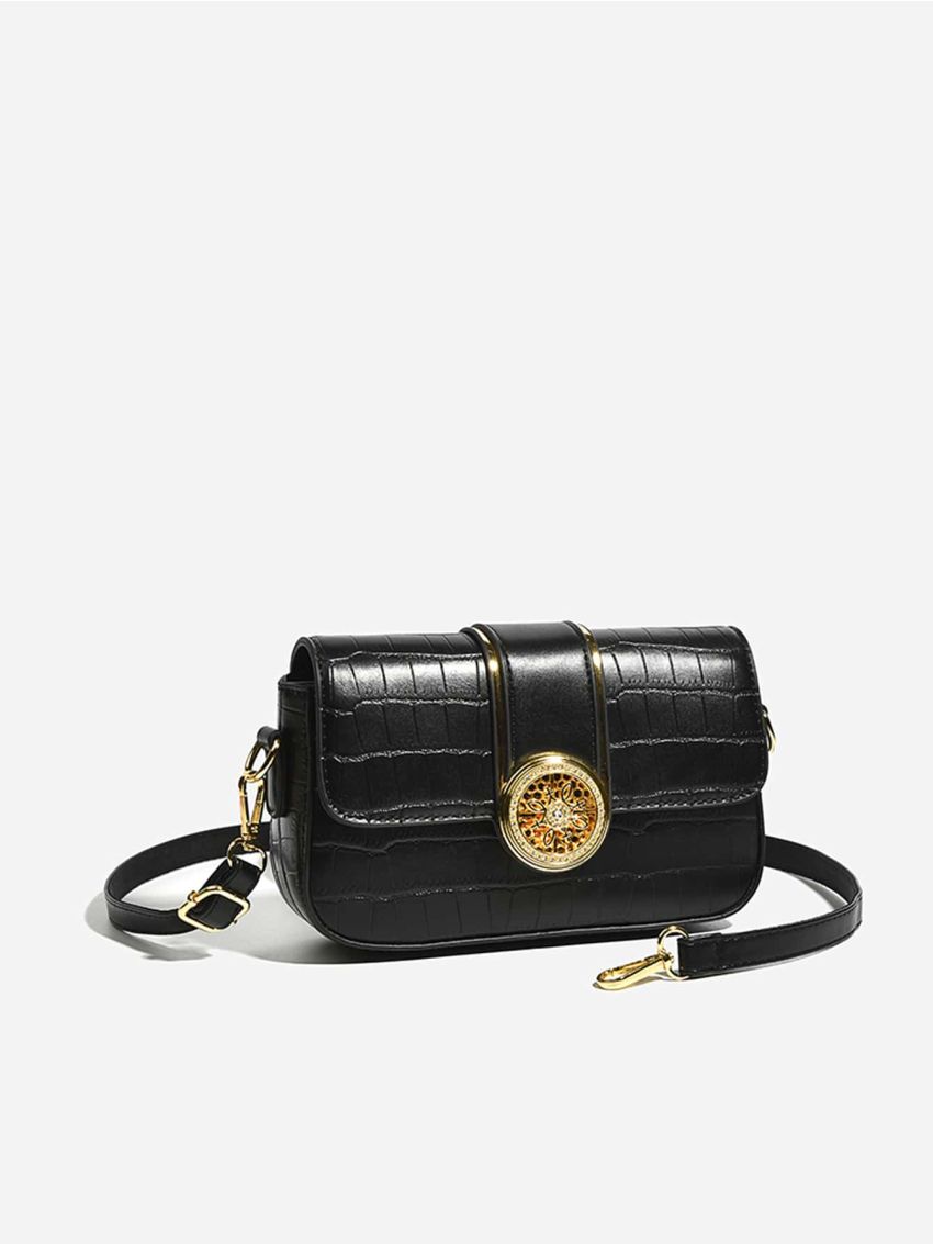 Crocodile Embossed Metal Decor Chain Flap Square Bag