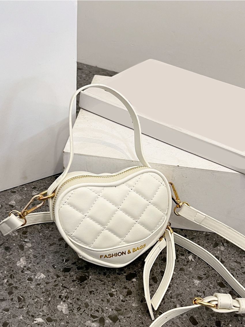 Mini Letter Graphic Quilted Detail Heart Shaped Novelty Bag