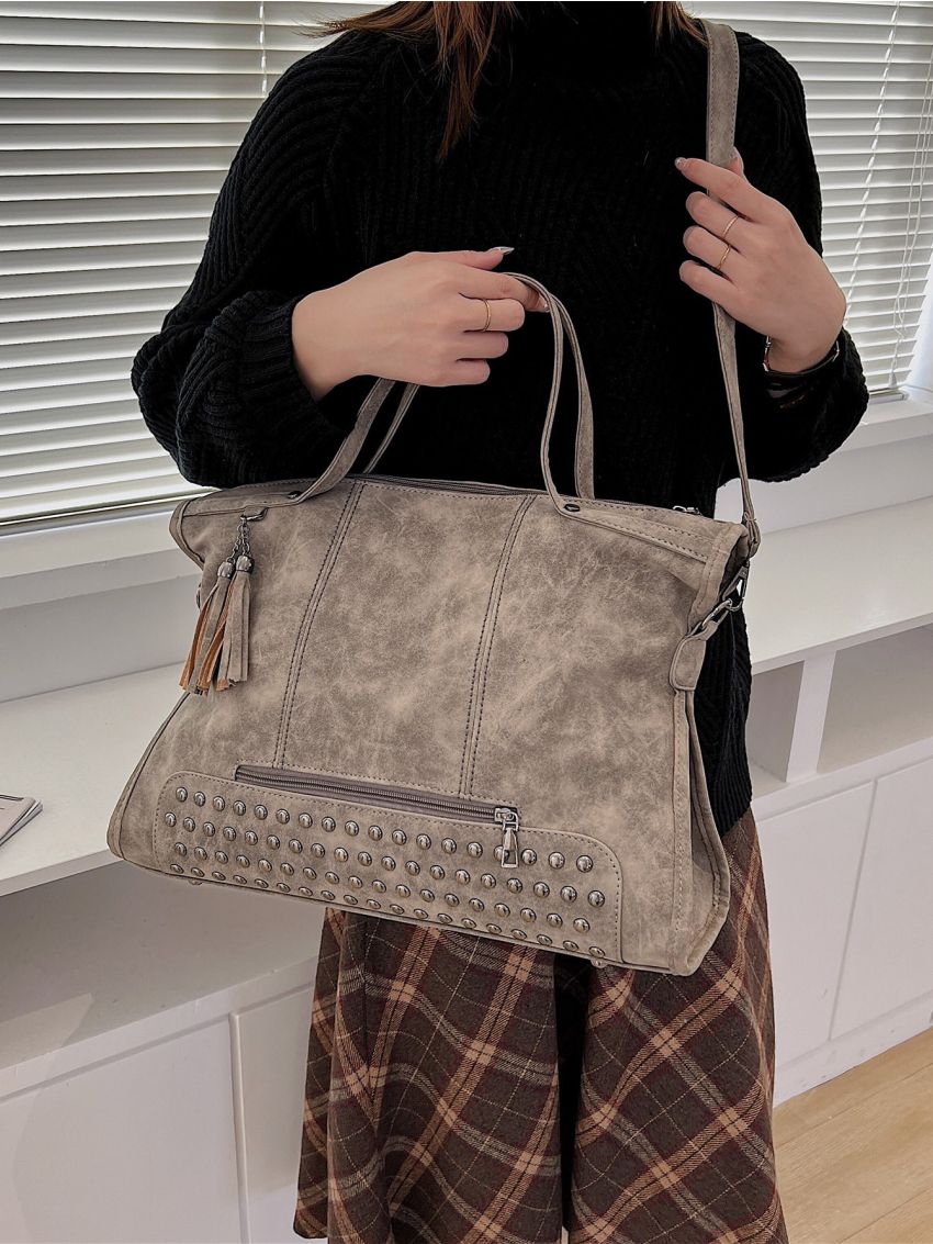 Studded Decor Top Handle Bag