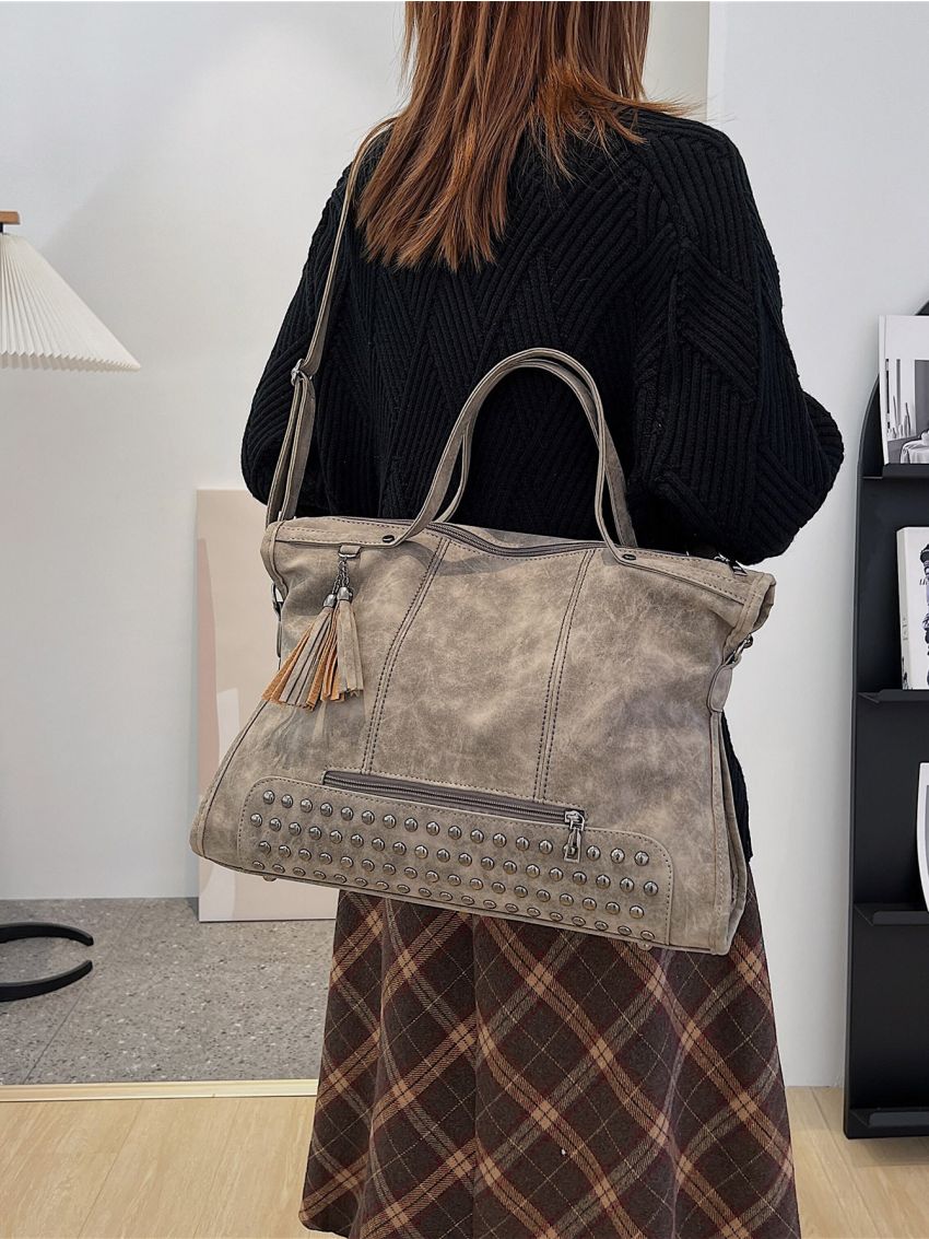 Studded Decor Top Handle Bag