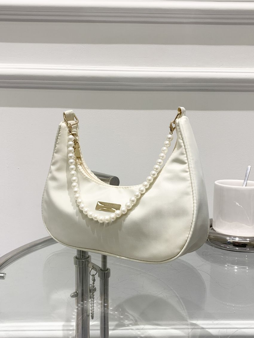 Faux Pearl Decor Baguette Bag