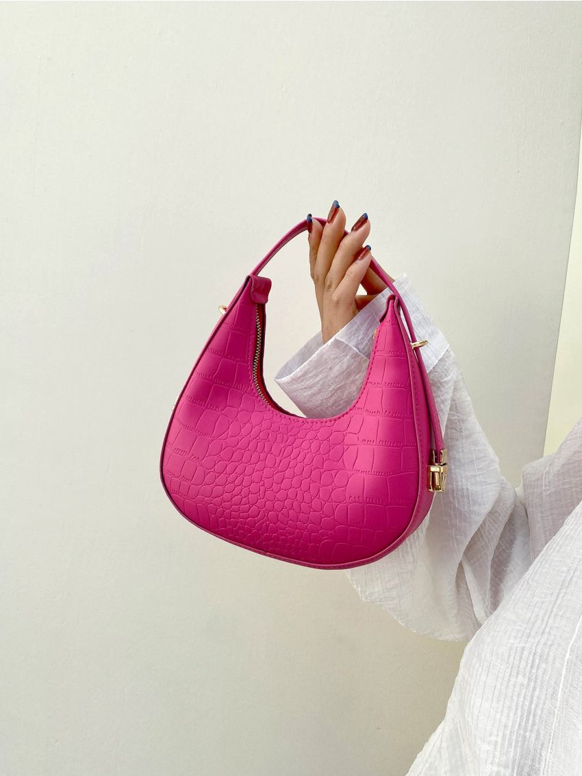 Neon Pink Crocodile Embossed Hobo Bag