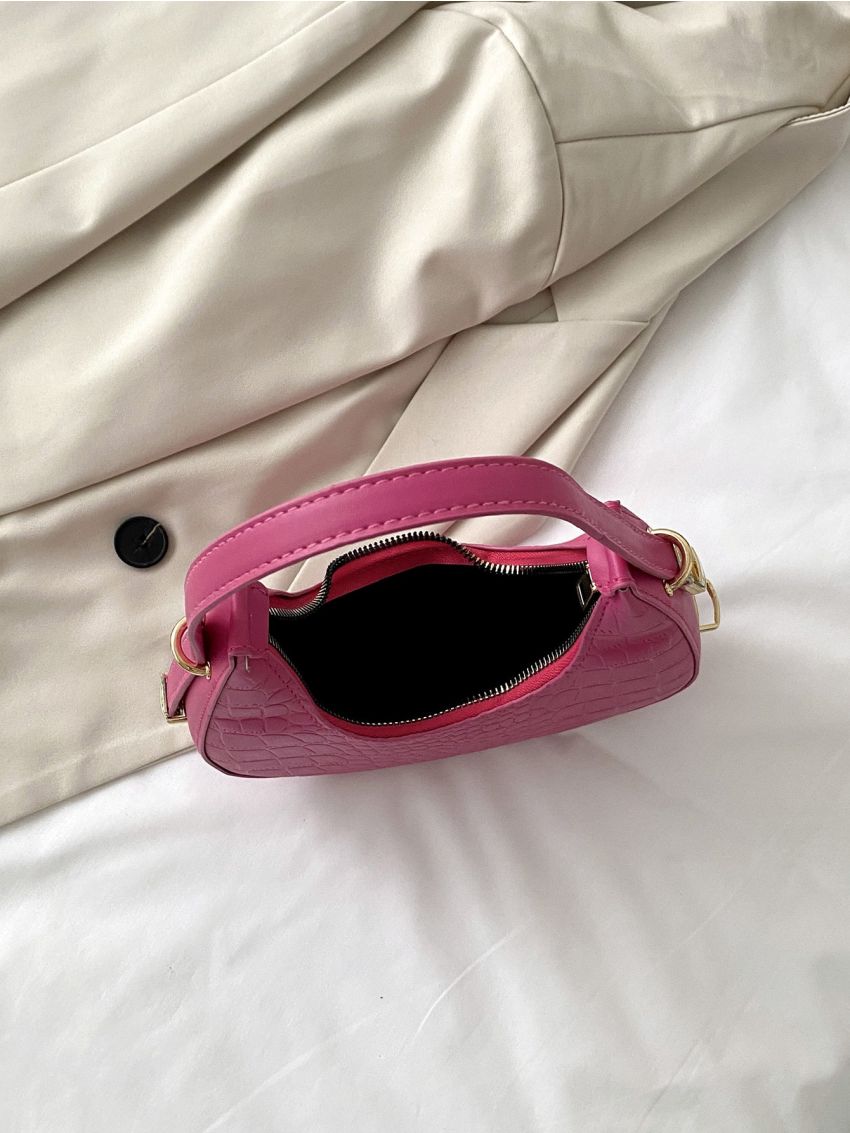 Neon Pink Crocodile Embossed Hobo Bag